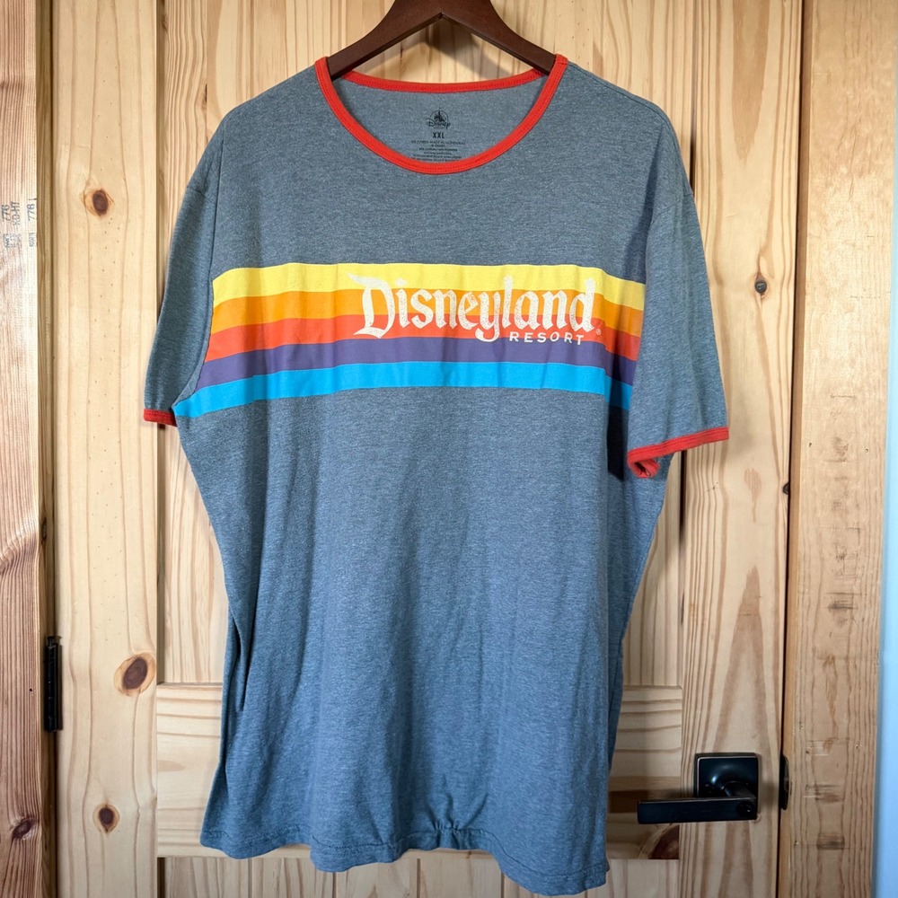 Disney Parks Disneyland Resort Retro Rainbow Ringer T-Shirt Mens XXL Gray Orange